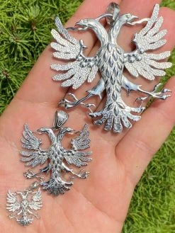 Solid 925 Silver Two Double Headed Eagle Pendant Necklace Albania Kosova Russian