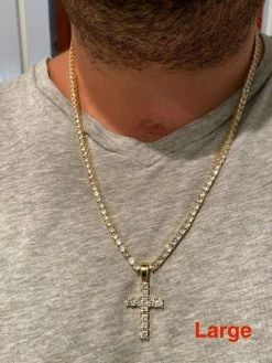 Solid 925 Sterling & 14k Gold Silver Tennis Cross Pendant Diamond Iced Necklace -Harlem Bling Shop harlembling solid 925 sterling and 14k gold silver tennis cross pendant diamond iced necklace 03139.1664392340