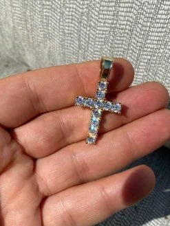 Solid 925 Sterling & 14k Gold Silver Tennis Cross Pendant Diamond Iced Necklace -Harlem Bling Shop harlembling solid 925 sterling and 14k gold silver tennis cross pendant diamond iced necklace 88103.1664389226