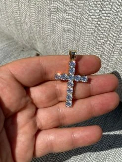 Solid 925 Sterling & 14k Gold Silver Tennis Cross Pendant Diamond Iced Necklace -Harlem Bling Shop harlembling solid 925 sterling and 14k gold silver tennis cross pendant diamond iced necklace 88831.1664388634