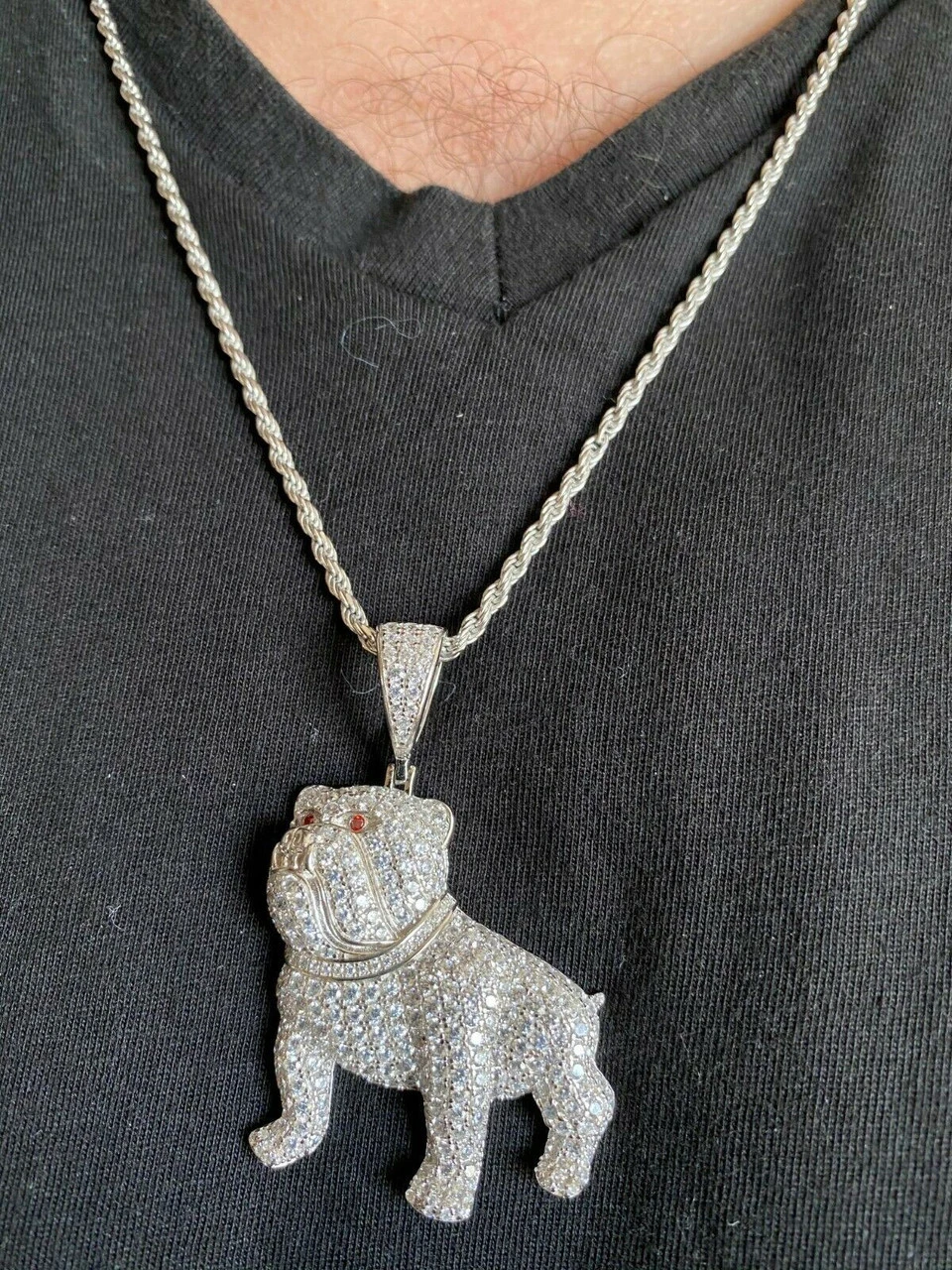 Solid 925 Sterling Bull Dog Pendant Necklace Iced Gold Silver Necklace Hip Hop 5 Solid 925 Sterling Bull Dog Pendant Necklace Iced Gold Silver Necklace Hip Hop - Image 3