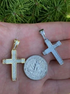 Solid 925 Sterling Silver 1" Iced Diamond Cross Pendant - Gold Hip Hop Necklace -Harlem Bling Shop harlembling solid 925 sterling silver 1 iced diamond cross pendant gold hip hop necklace 43601.1664382513