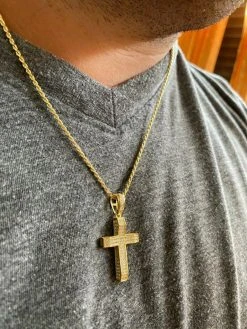 Solid 925 Sterling Silver 1" Iced Diamond Cross Pendant - Gold Hip Hop Necklace -Harlem Bling Shop harlembling solid 925 sterling silver 1 iced diamond cross pendant gold hip hop necklace 61708.1664388887