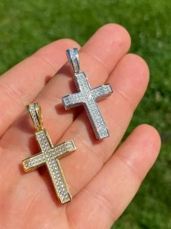 Solid 925 Sterling Silver 1" Iced Diamond Cross Pendant - Gold Hip Hop Necklace -Harlem Bling Shop harlembling solid 925 sterling silver 1 iced diamond cross pendant gold hip hop necklace 88622.1665669645
