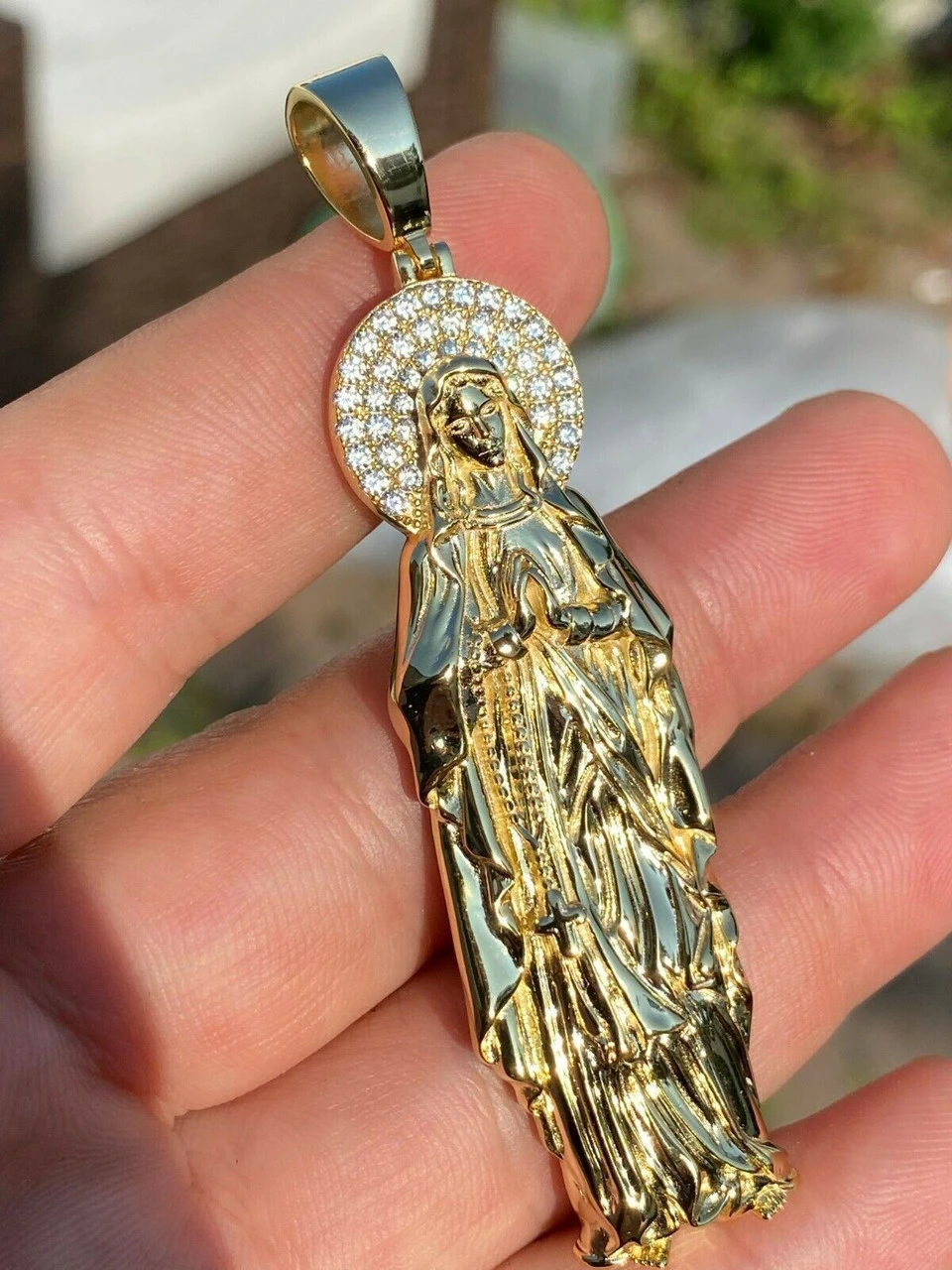 Solid 925 Sterling Silver - 14k Gold Finish - Virgin Mary Pendant Iced Necklace 8 Solid 925 Sterling Silver - 14k Gold Finish - Virgin Mary Pendant Iced Necklace - Image 6