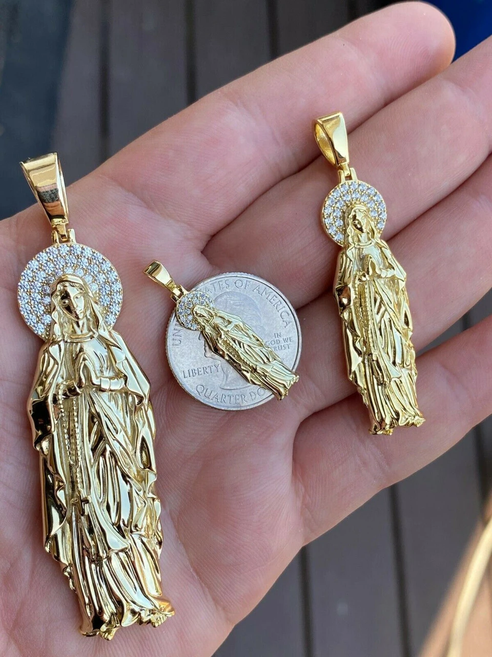 Solid 925 Sterling Silver - 14k Gold Finish - Virgin Mary Pendant Iced Necklace 5 Solid 925 Sterling Silver - 14k Gold Finish - Virgin Mary Pendant Iced Necklace - Image 3