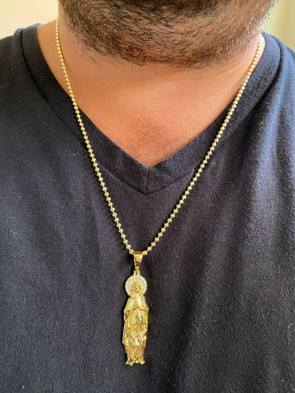 Solid 925 Sterling Silver - 14k Gold Finish - Virgin Mary Pendant Iced Necklace 11 Solid 925 Sterling Silver - 14k Gold Finish - Virgin Mary Pendant Iced Necklace - Image 9