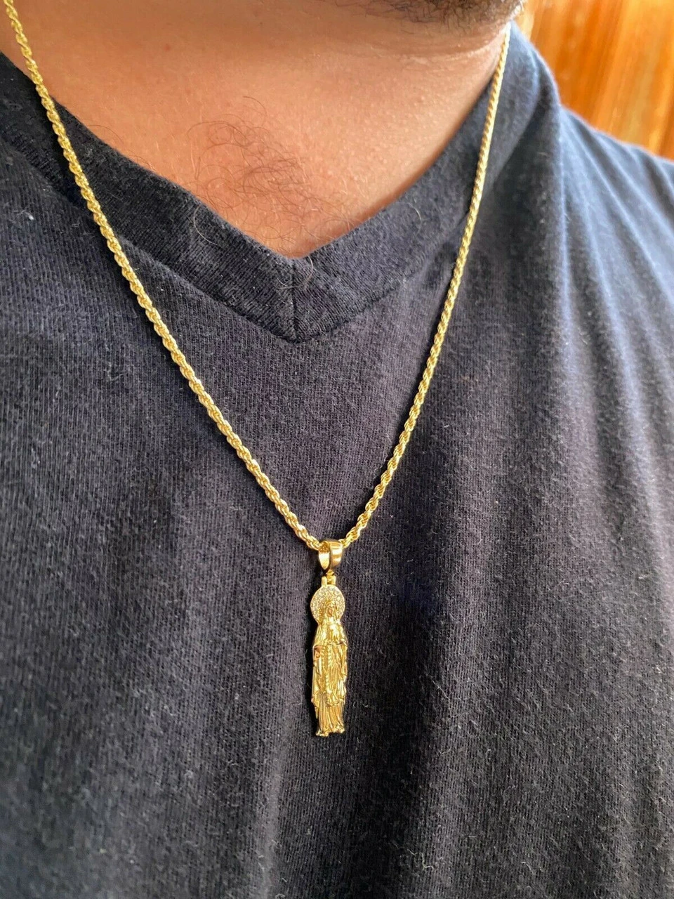 Solid 925 Sterling Silver - 14k Gold Finish - Virgin Mary Pendant Iced Necklace 10 Solid 925 Sterling Silver - 14k Gold Finish - Virgin Mary Pendant Iced Necklace - Image 8