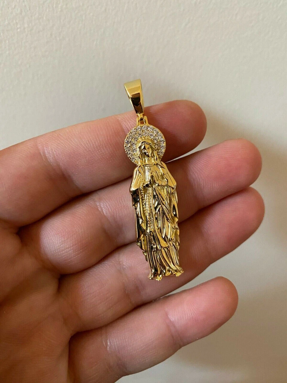 Solid 925 Sterling Silver - 14k Gold Finish - Virgin Mary Pendant Iced Necklace 9 Solid 925 Sterling Silver - 14k Gold Finish - Virgin Mary Pendant Iced Necklace - Image 7