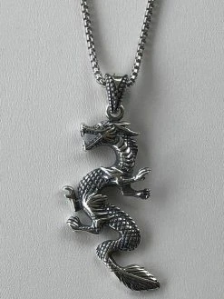 Solid 925 Sterling Silver Chinese Pagan Dragon Mens Pendant W. 22” Chain