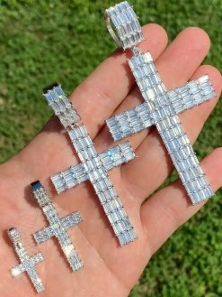 Solid 925 Sterling Silver Cross Pendant Baguette Iced Diamond Necklace Hip-Hop
