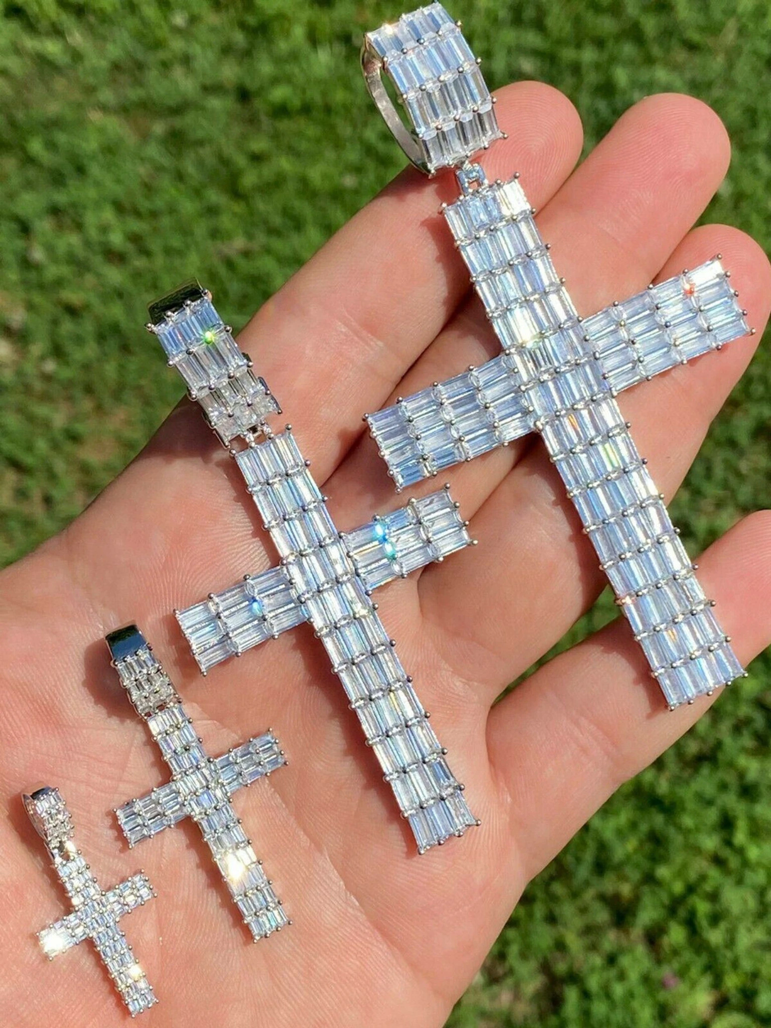 Solid 925 Sterling Silver Cross Pendant Baguette Iced Diamond Necklace Hip-Hop 3 Solid 925 Sterling Silver Cross Pendant Baguette Iced Diamond Necklace Hip-Hop