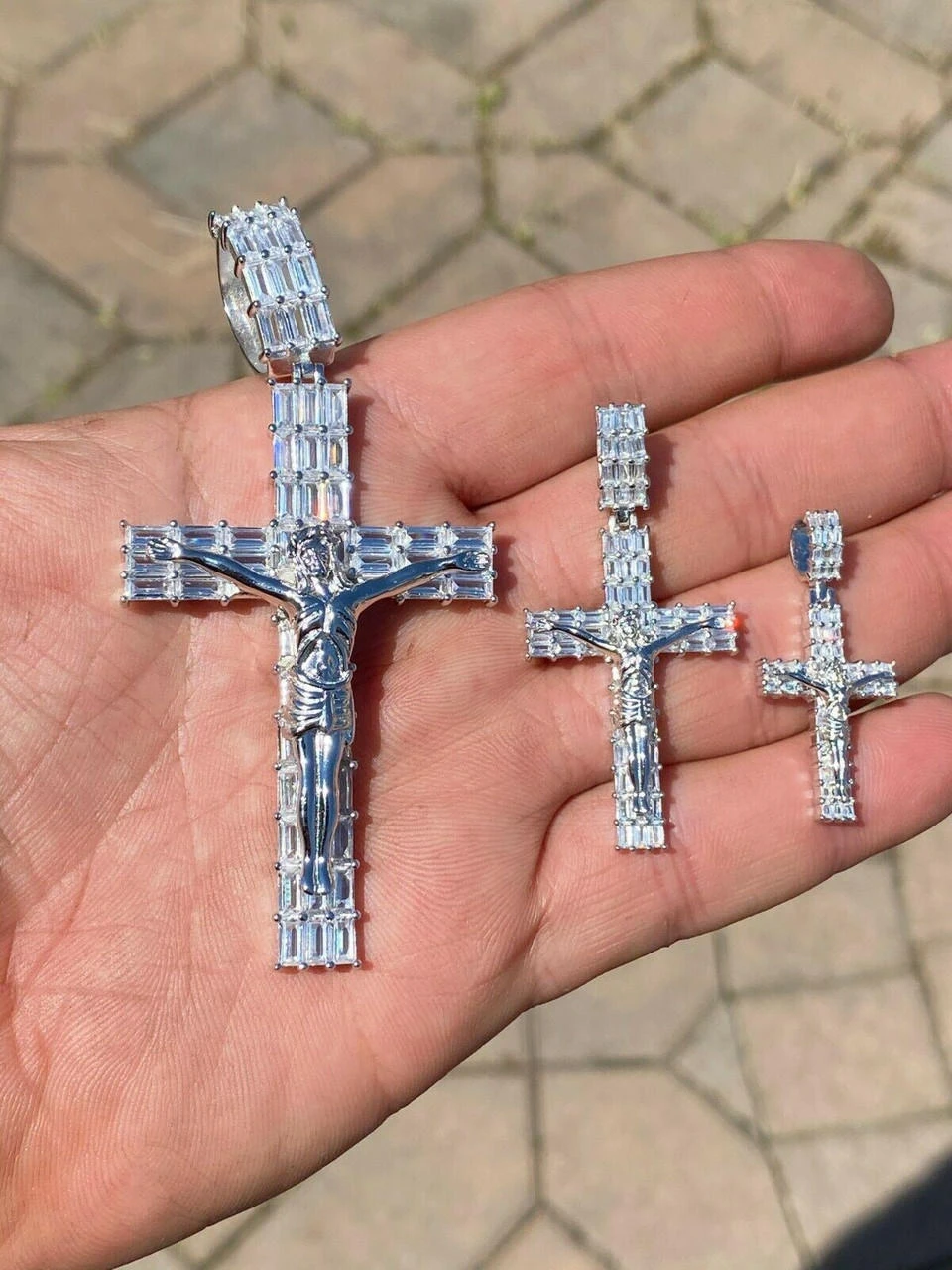 Solid 925 Sterling Silver Cross W. Jesus Pendant Baguette Iced Diamond Necklace 14 Solid 925 Sterling Silver Cross W. Jesus Pendant Baguette Iced Diamond Necklace - Image 12