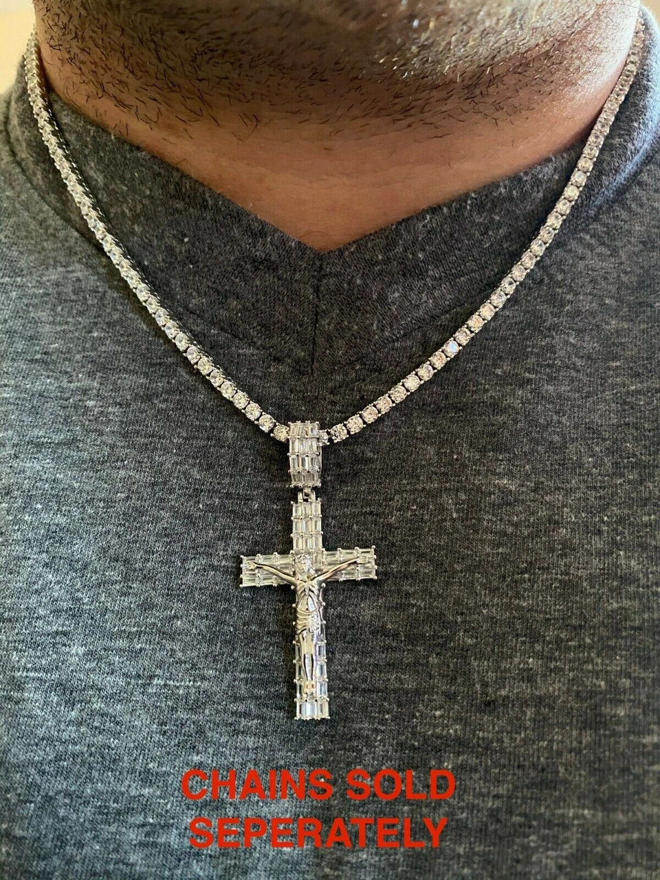Solid 925 Sterling Silver Cross W. Jesus Pendant Baguette Iced Diamond Necklace 8 Solid 925 Sterling Silver Cross W. Jesus Pendant Baguette Iced Diamond Necklace - Image 6