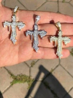 Solid 925 Sterling Silver Dripping Cross Mens Iced Pendant Necklace Flooded Out