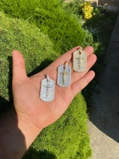 Solid 925 Sterling Silver / Gold Dog Tag Iced Baguette Diamond Jesus Necklace 20 Solid 925 Sterling Silver / Gold Dog Tag Iced Baguette Diamond Jesus Necklace -Harlem Bling Shop harlembling solid 925 sterling silver gold dog tag iced baguette diamond jesus necklace 04395.1664382775