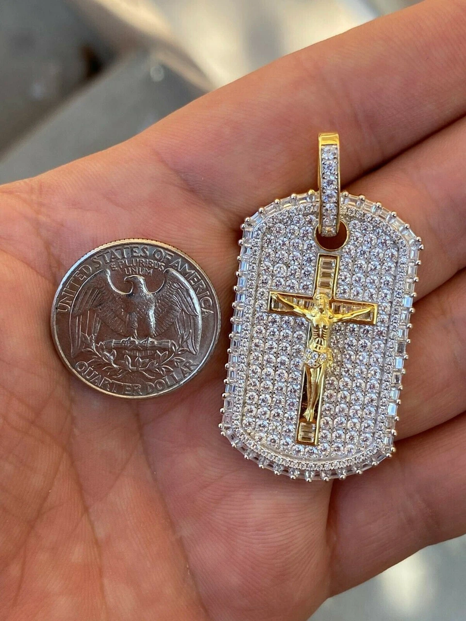 Solid 925 Sterling Silver / Gold Dog Tag Iced Baguette Diamond Jesus Necklace 7 Solid 925 Sterling Silver / Gold Dog Tag Iced Baguette Diamond Jesus Necklace - Image 5