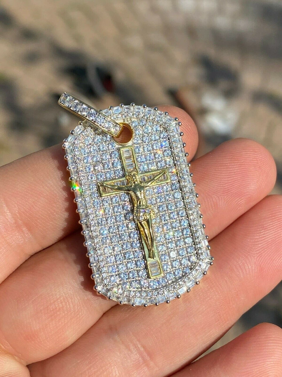 Solid 925 Sterling Silver / Gold Dog Tag Iced Baguette Diamond Jesus Necklace 6 Solid 925 Sterling Silver / Gold Dog Tag Iced Baguette Diamond Jesus Necklace - Image 4