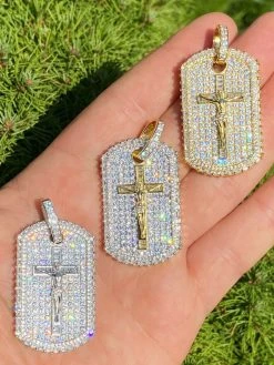 Solid 925 Sterling Silver / Gold Dog Tag Iced Baguette Diamond Jesus Necklace