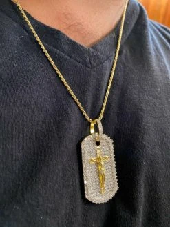 Solid 925 Sterling Silver / Gold Dog Tag Iced Baguette Diamond Jesus Necklace 25 Solid 925 Sterling Silver / Gold Dog Tag Iced Baguette Diamond Jesus Necklace -Harlem Bling Shop harlembling solid 925 sterling silver gold dog tag iced baguette diamond jesus necklace 36997.1664395236