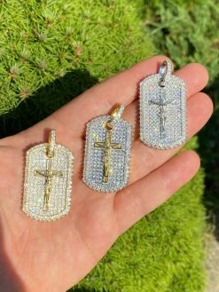 Solid 925 Sterling Silver / Gold Dog Tag Iced Baguette Diamond Jesus Necklace 16 Solid 925 Sterling Silver / Gold Dog Tag Iced Baguette Diamond Jesus Necklace -Harlem Bling Shop harlembling solid 925 sterling silver gold dog tag iced baguette diamond jesus necklace 48781.1664373988