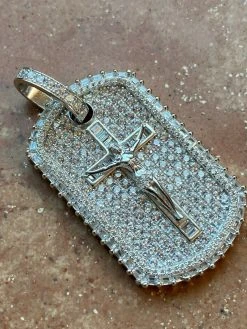 Solid 925 Sterling Silver / Gold Dog Tag Iced Baguette Diamond Jesus Necklace 21 Solid 925 Sterling Silver / Gold Dog Tag Iced Baguette Diamond Jesus Necklace -Harlem Bling Shop harlembling solid 925 sterling silver gold dog tag iced baguette diamond jesus necklace 55214.1664387673