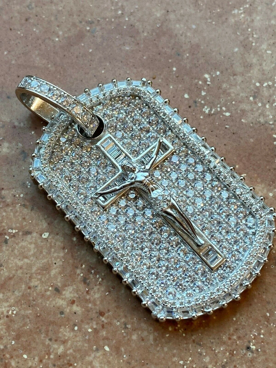 Solid 925 Sterling Silver / Gold Dog Tag Iced Baguette Diamond Jesus Necklace 10 Solid 925 Sterling Silver / Gold Dog Tag Iced Baguette Diamond Jesus Necklace - Image 8