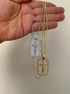 Solid 925 Sterling Silver / Gold Dog Tag Iced Baguette Diamond Jesus Necklace 22 Solid 925 Sterling Silver / Gold Dog Tag Iced Baguette Diamond Jesus Necklace -Harlem Bling Shop harlembling solid 925 sterling silver gold dog tag iced baguette diamond jesus necklace 78405.1664373679