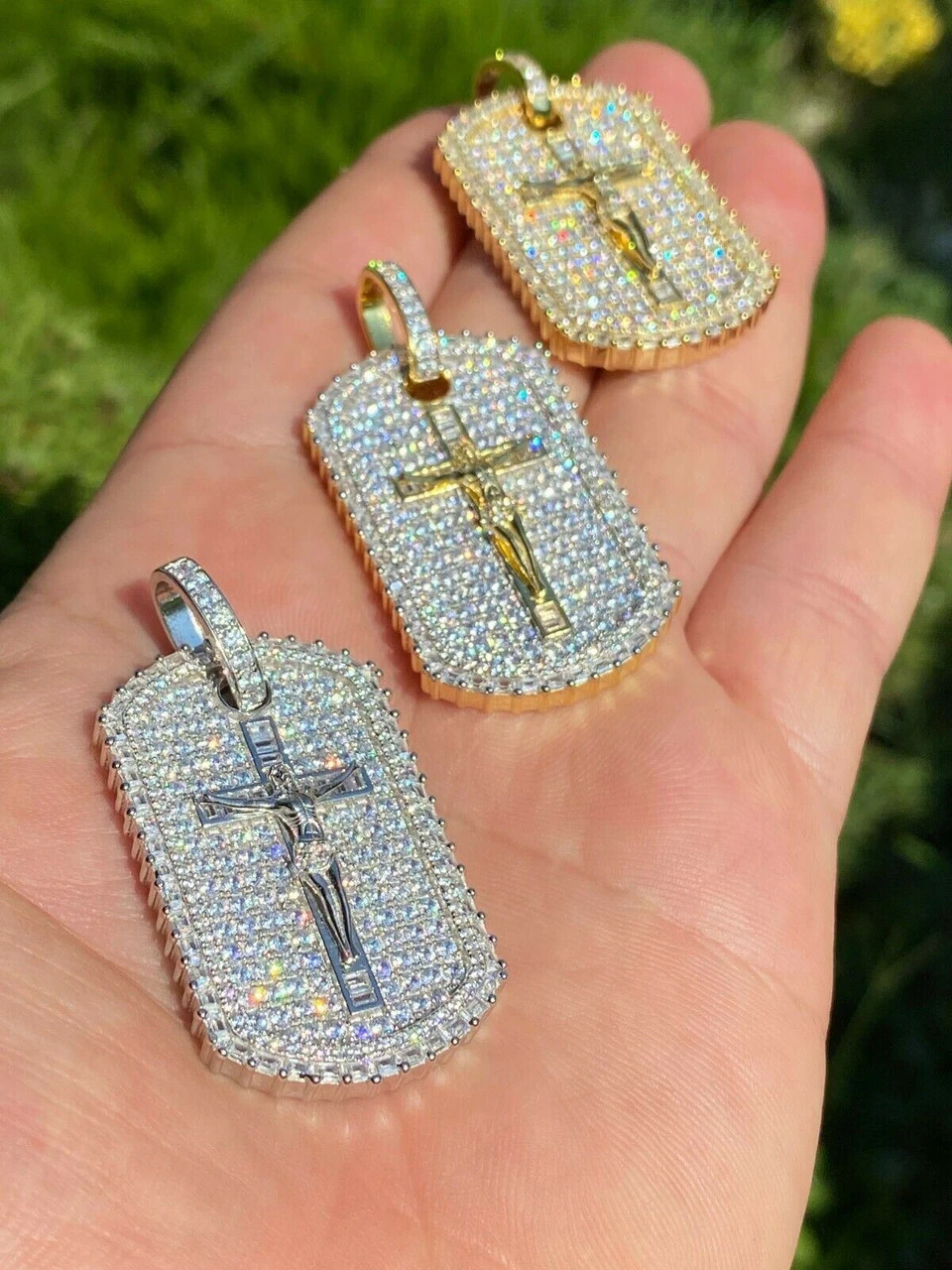 Solid 925 Sterling Silver / Gold Dog Tag Iced Baguette Diamond Jesus Necklace 4 Solid 925 Sterling Silver / Gold Dog Tag Iced Baguette Diamond Jesus Necklace - Image 2