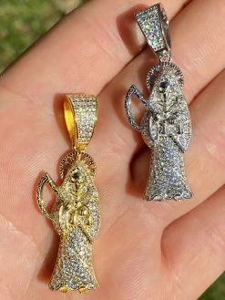 Solid 925 Sterling Silver Gold Santa Muerte Grim Reaper Death Pendant Necklace