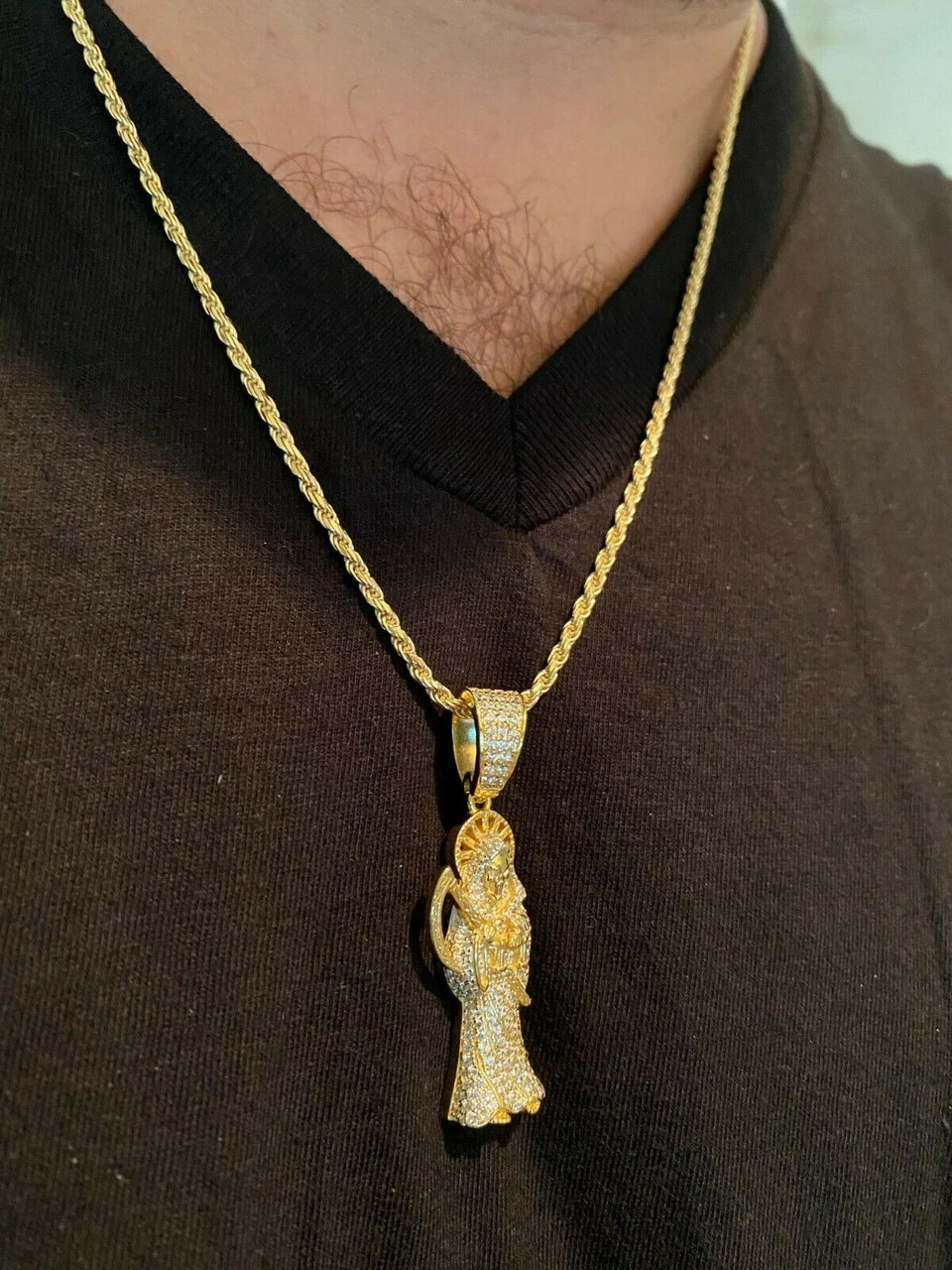 Solid 925 Sterling Silver Gold Santa Muerte Grim Reaper Death Pendant Necklace 12 Solid 925 Sterling Silver Gold Santa Muerte Grim Reaper Death Pendant Necklace - Image 10