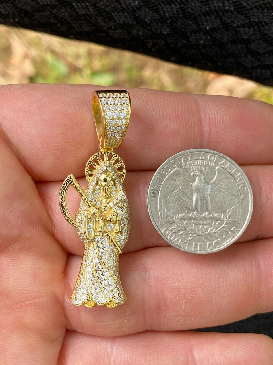 Solid 925 Sterling Silver Gold Santa Muerte Grim Reaper Death Pendant Necklace 11 Solid 925 Sterling Silver Gold Santa Muerte Grim Reaper Death Pendant Necklace - Image 9