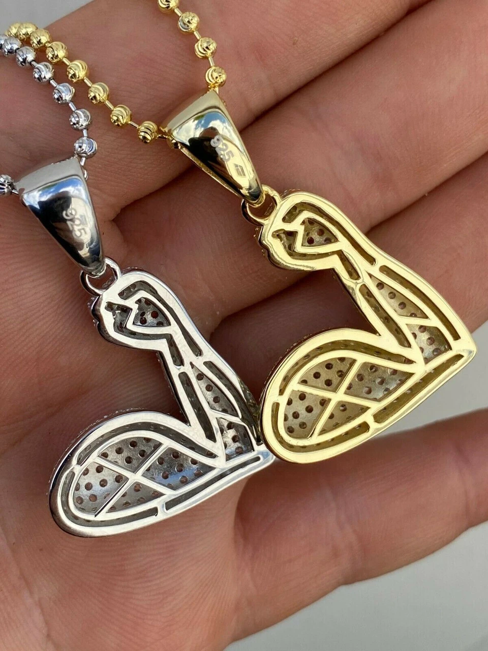 Solid 925 Sterling Silver Hip Hop Bicep Muscle Emoji Pendant Necklace Iced Gold 12 Solid 925 Sterling Silver Hip Hop Bicep Muscle Emoji Pendant Necklace Iced Gold - Image 10