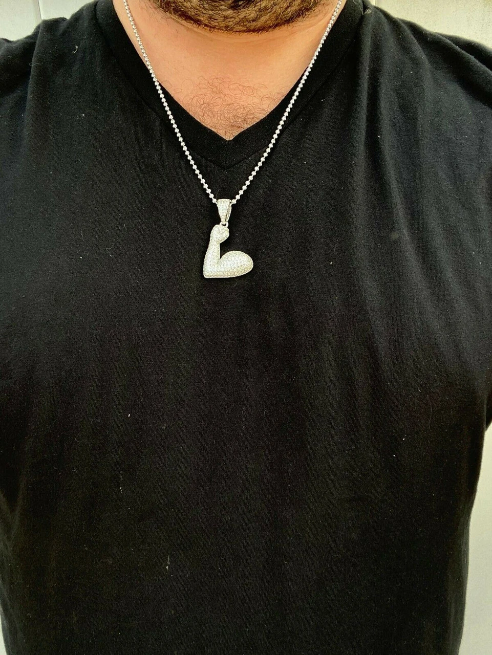 Solid 925 Sterling Silver Hip Hop Bicep Muscle Emoji Pendant Necklace Iced Gold 6 Solid 925 Sterling Silver Hip Hop Bicep Muscle Emoji Pendant Necklace Iced Gold - Image 4