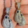 Solid 925 Sterling Silver Hip Hop Boxing Gloves Pendant Necklace Iced Diamond