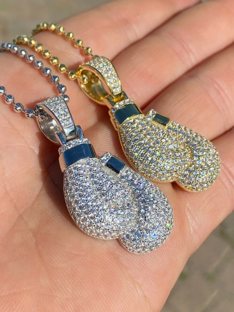 Solid 925 Sterling Silver Hip Hop Boxing Gloves Pendant Necklace Iced Diamond 4 Solid 925 Sterling Silver Hip Hop Boxing Gloves Pendant Necklace Iced Diamond - Image 2