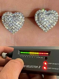 Solid 925 Sterling Silver Iced Heart Stud Earrings Moissanite Pass Diamond Test
