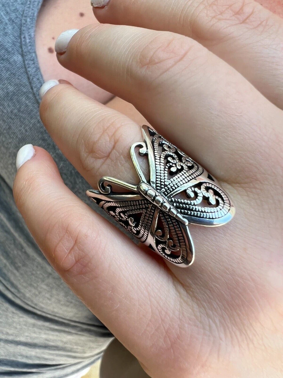 Solid 925 Sterling Silver Large Butterfly Ring Oxidized Rhodium Vintage Finish 4 Solid 925 Sterling Silver Large Butterfly Ring Oxidized Rhodium Vintage Finish - Image 2