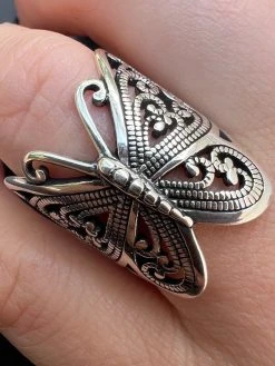 Solid 925 Sterling Silver Large Butterfly Ring Oxidized Rhodium Vintage Finish