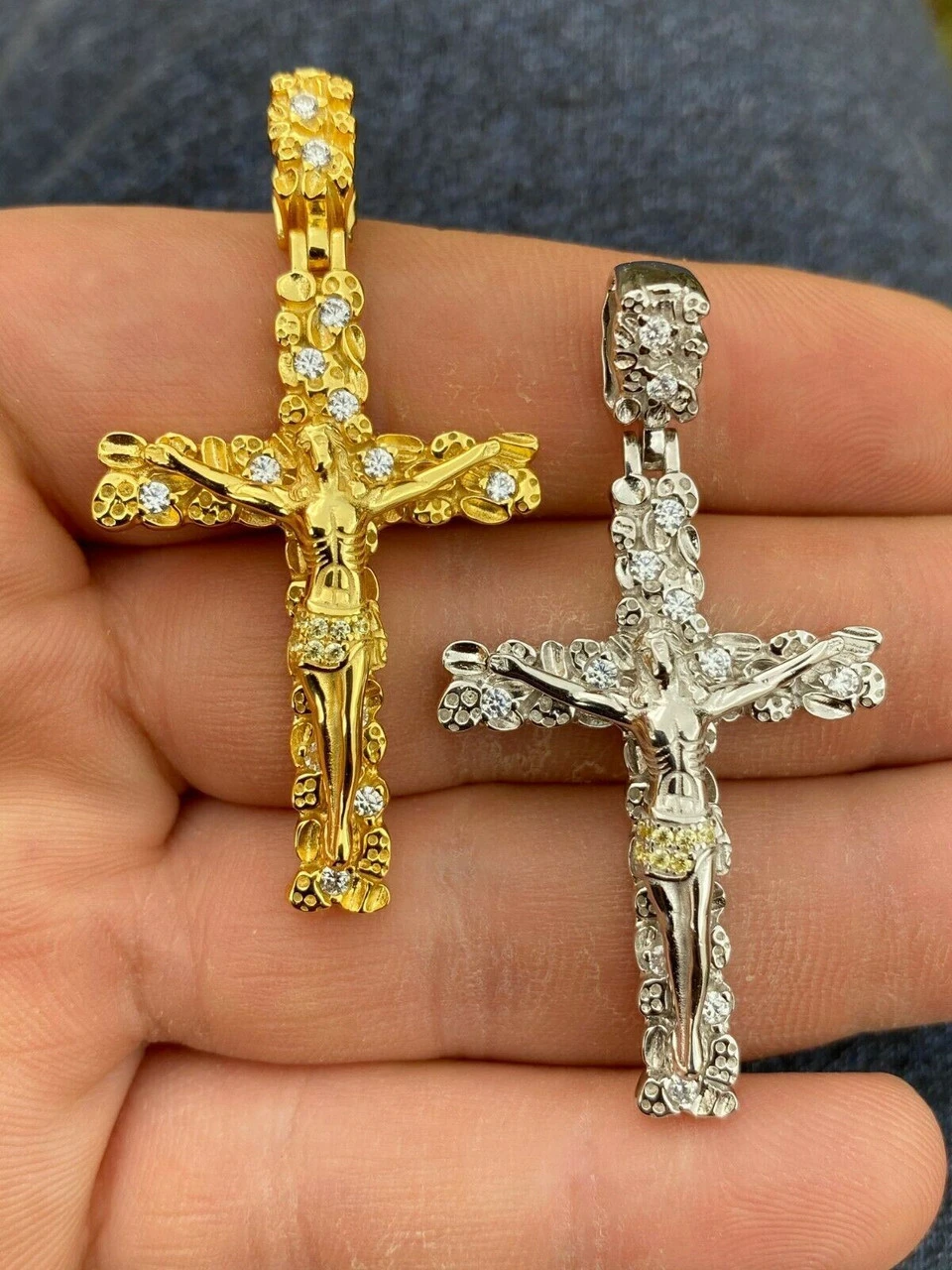 Solid 925 Sterling Silver Mens Nugget Cross Jesus On Crucifix Pendant Iced Gold 6 Solid 925 Sterling Silver Mens Nugget Cross Jesus On Crucifix Pendant Iced Gold - Image 4