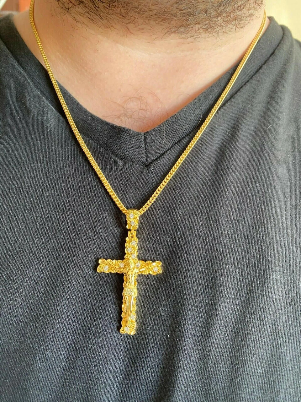 Solid 925 Sterling Silver Mens Nugget Cross Jesus On Crucifix Pendant Iced Gold 8 Solid 925 Sterling Silver Mens Nugget Cross Jesus On Crucifix Pendant Iced Gold - Image 6