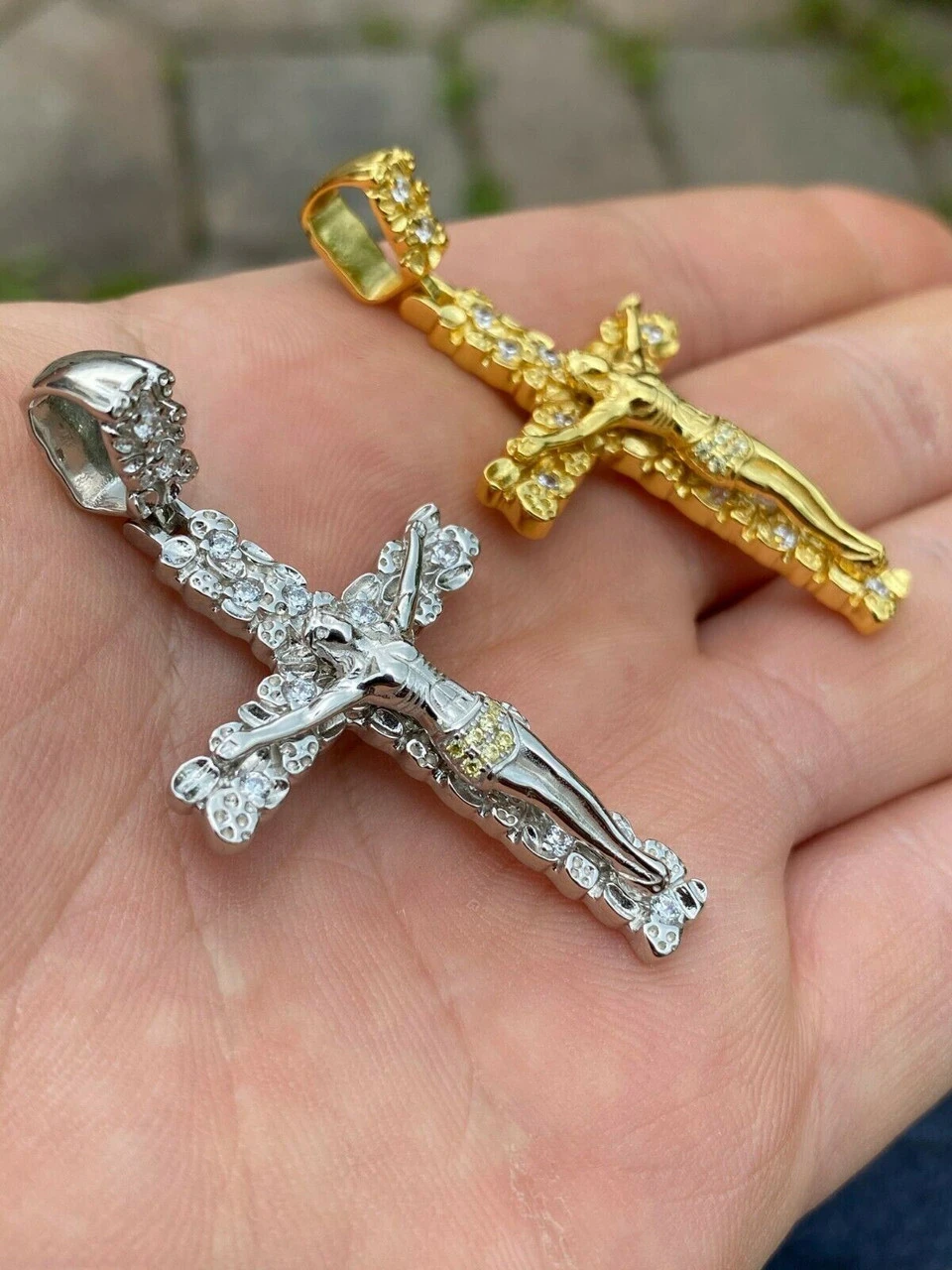Solid 925 Sterling Silver Mens Nugget Cross Jesus On Crucifix Pendant Iced Gold 13 Solid 925 Sterling Silver Mens Nugget Cross Jesus On Crucifix Pendant Iced Gold - Image 11