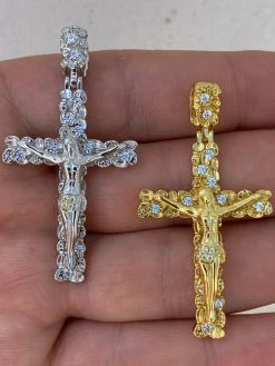 Solid 925 Sterling Silver Mens Nugget Cross Jesus On Crucifix Pendant Iced Gold