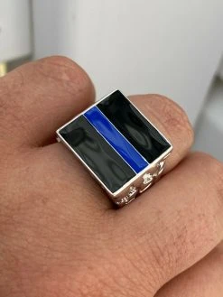 Solid 925 Sterling Silver Nugget Ring Blue Lives Matter Thin Blue Line Police