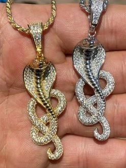 Solid 925 Sterling Silver Snake King Cobra Pendant Necklace Iced Gold Hip Hop