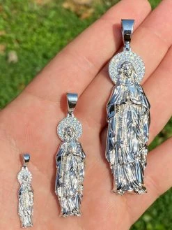 Solid 925 Sterling Silver - Virgin Mary Pendant Iced Necklace Virgin Guadalupe
