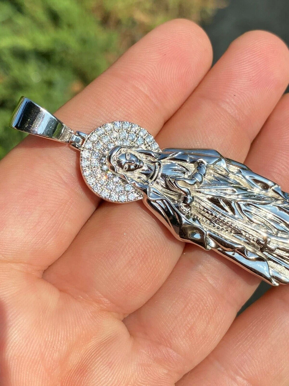 Solid 925 Sterling Silver - Virgin Mary Pendant Iced Necklace Virgin Guadalupe 7 Solid 925 Sterling Silver - Virgin Mary Pendant Iced Necklace Virgin Guadalupe - Image 5