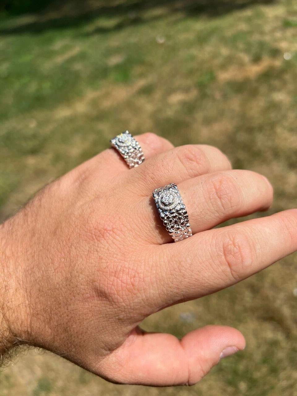 Solid Mens MOISSANITE Nugget Ring Real 925 Silver Iced Pinky Pass Diamond Test 4 Solid Mens MOISSANITE Nugget Ring Real 925 Silver Iced Pinky Pass Diamond Test - Image 2