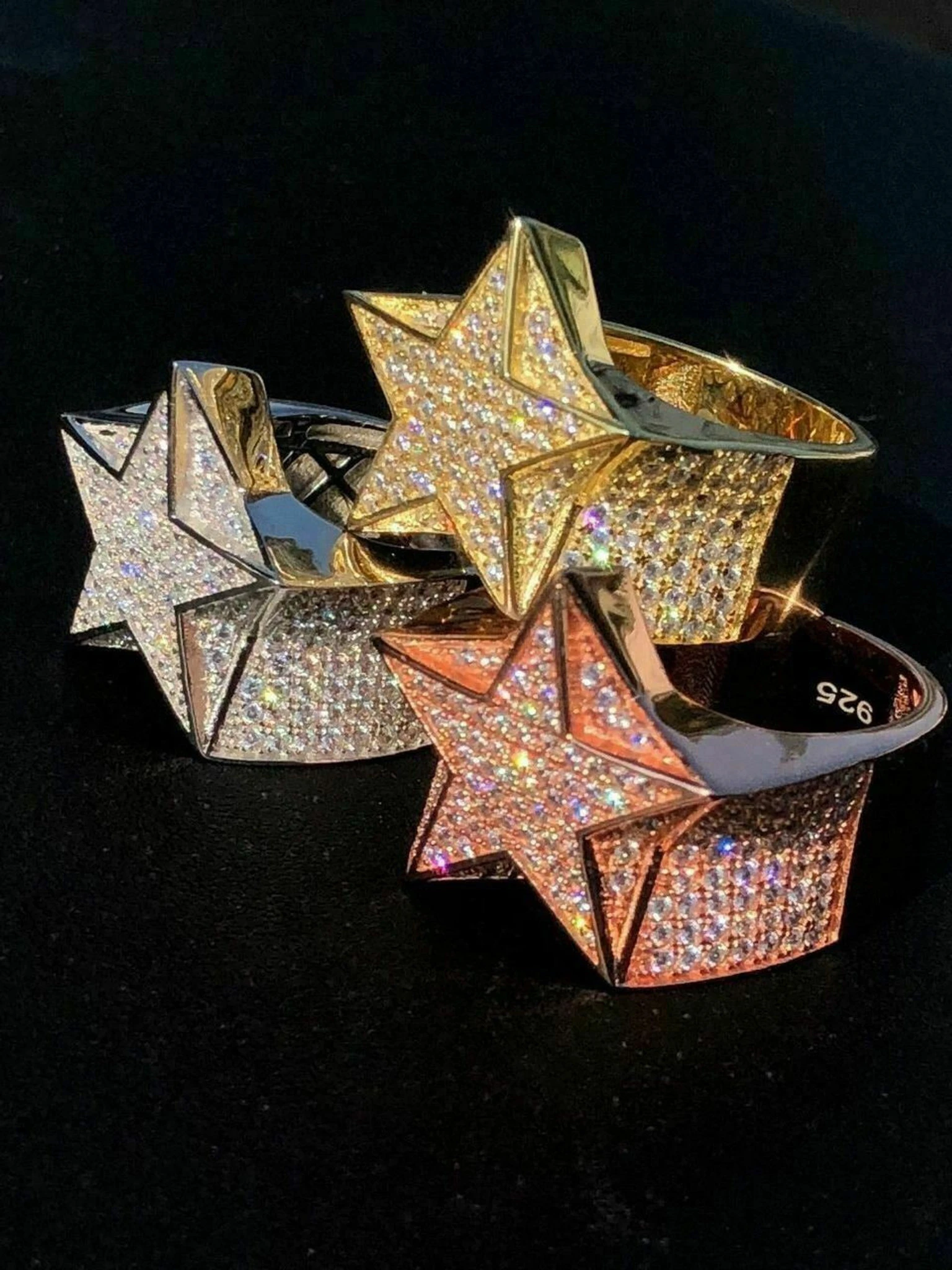 Star Ring Diamond Pinky Solid 925 Sterling Silver 14k Gold / Rose Gold Mens ICY 3 Star Ring Diamond Pinky Solid 925 Sterling Silver 14k Gold / Rose Gold Mens ICY