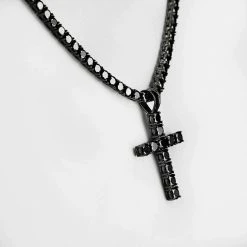Tennis Chain W. Cross Solid Real 925 Sterling Silver 4mm Black Diamonds 1 Row -Harlem Bling Shop harlembling tennis chain w cross solid real 925 sterling silver 4mm black diamonds 1 row 30360.1664399022